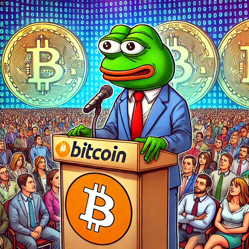 Pepe speaking at a podium at a Bitcoin conference, wearing a red tie